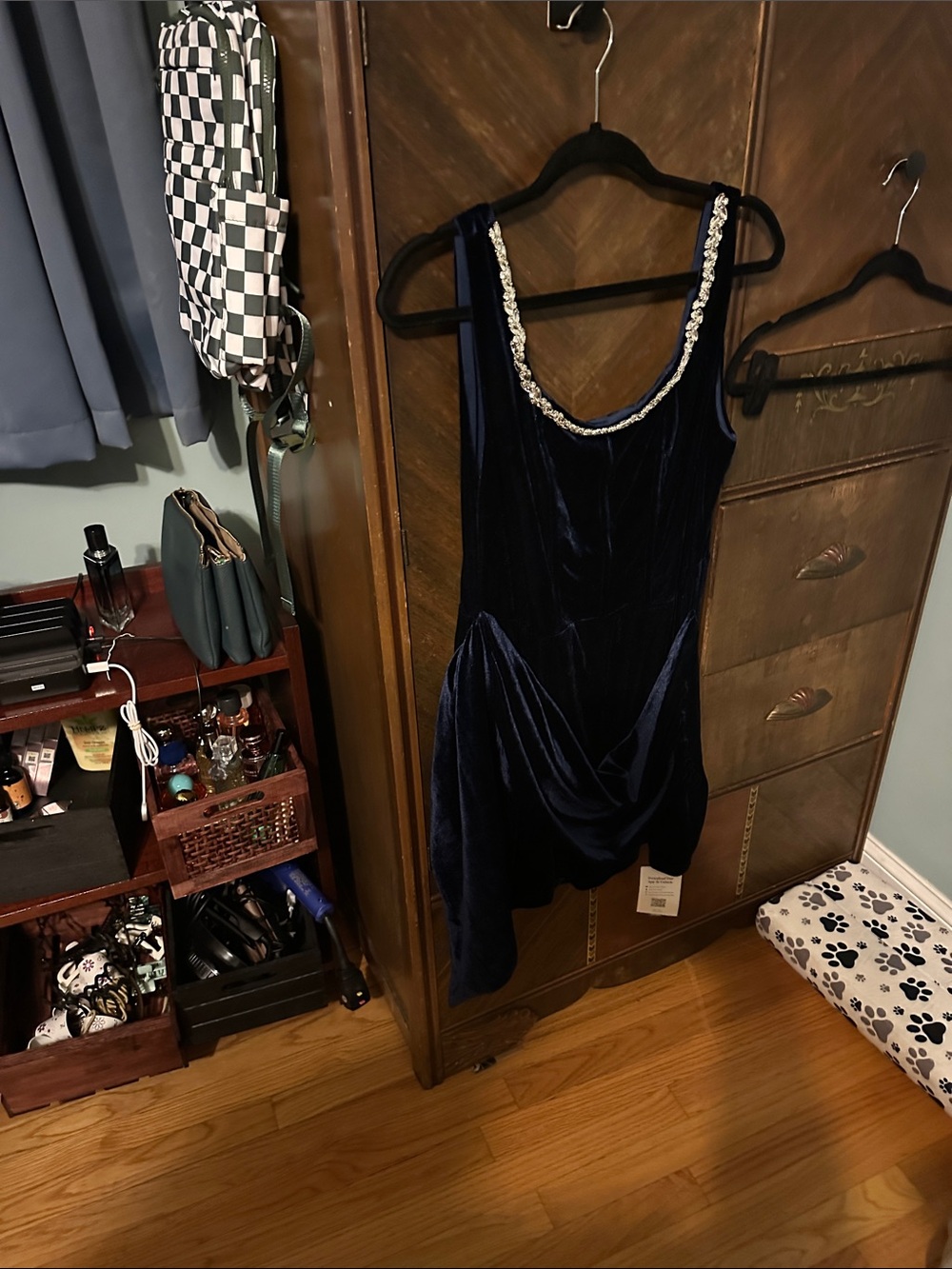 Velvet Jewel-Trim Navy Dress